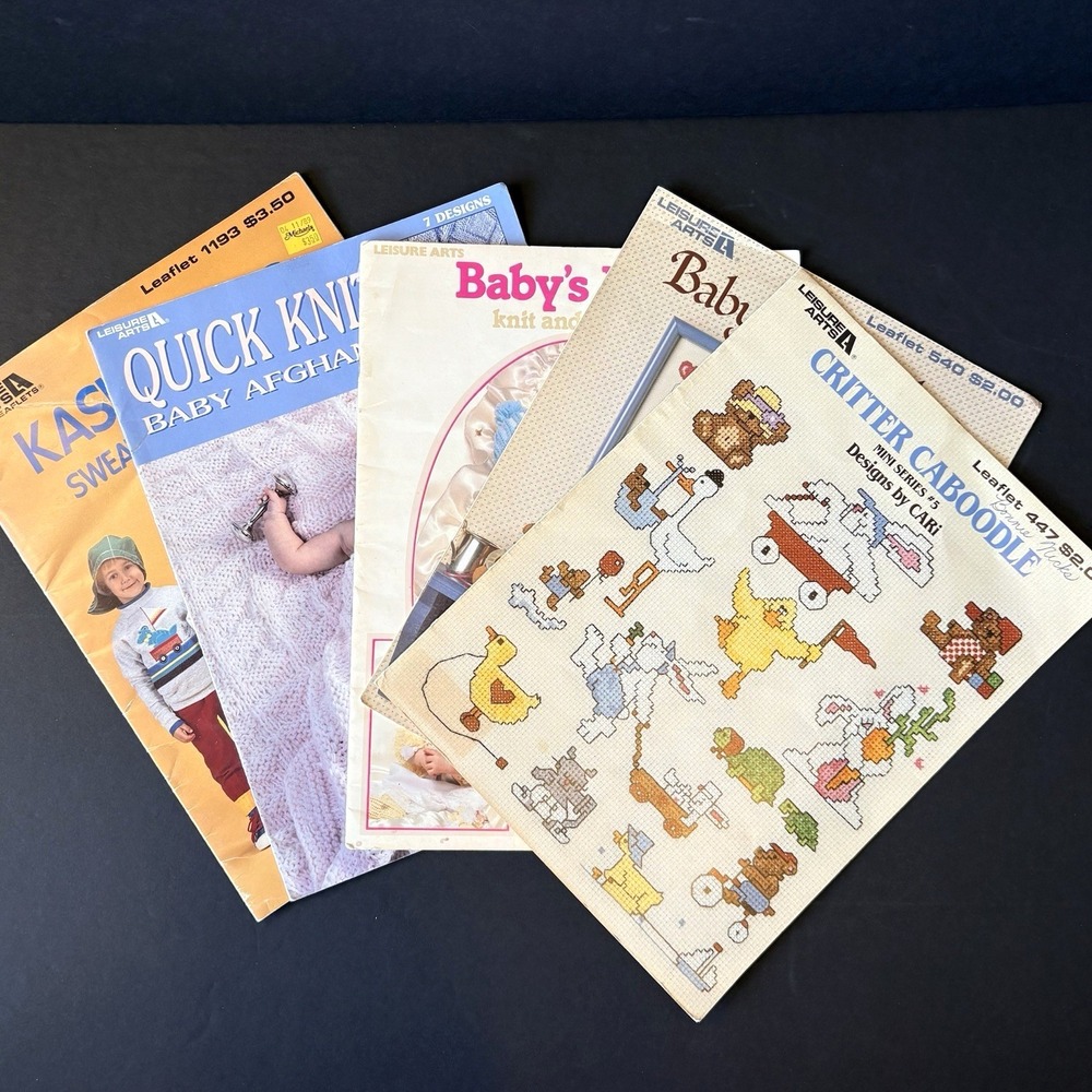 5 Vintage Leisure Arts Baby Kids‎ Knit Crochet Needlepoint Applique Sew Leaflets
